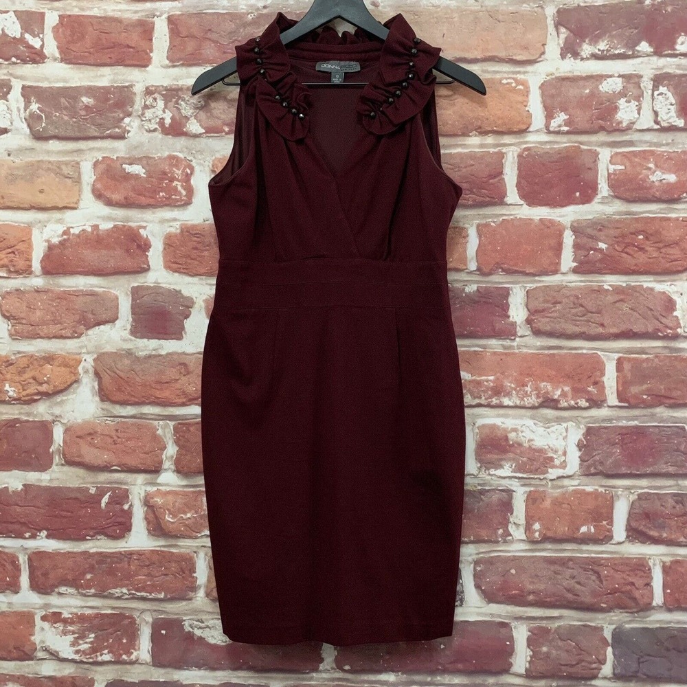 Donna Ricco Dress Women's Size 10 Burgundy Ponte Stretchy Beaded Ruffle Neck